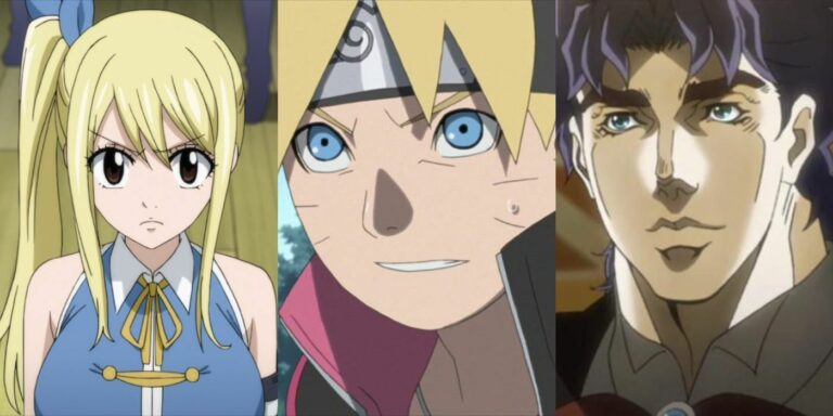 Lucy Heartfilia looking determined (left); nervous Boruto Uzumaki (center); Jonathan Joestar smiling (right)