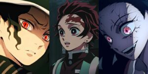 Muzan Kibutsuji (left); Tanjiro Kamado (center); Nezuko Kamado in demon form (right)