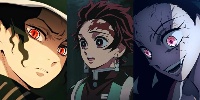 Muzan Kibutsuji (left); Tanjiro Kamado (center); Nezuko Kamado in demon form (right)