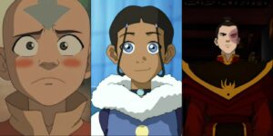 Aang blushing (left); Katara smiling (center); Zuko in Fire Lord garb (right)