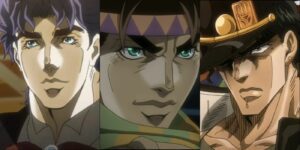 Jonathan Joestar smiling (left); young Joseph Joestar smirking (center); young Jotaro Kujo grimacing (right)