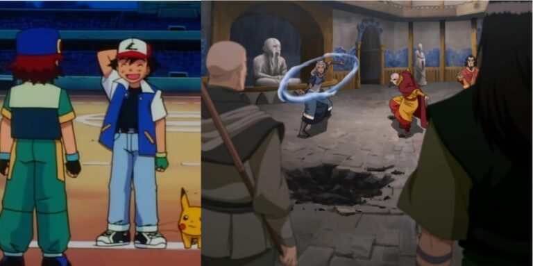 Ash, Ritchie, and Pikachu (left); Tenzin surrounded by the Red Lotus (right)