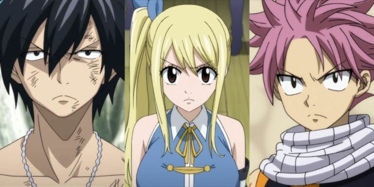 Gray Fullbuster (left); Lucy Heartfilia (center); Natsu Dragneel (right)
