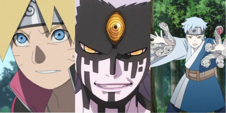 Boruto looking worried (left); Momoshiki sneering (center); Mitsuki using snake jutsu (right)