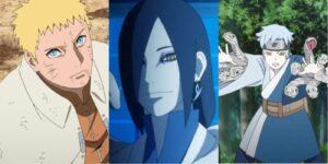 Naruto looks concerned (left); Orochimaru with snake companion (center); Mitsuki using snake jutsu (right)