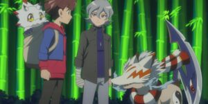Gammamon, Hiro Amanokawa, Kiyoshiro Higashimitarai and Reppamon in Digimon Ghost Game