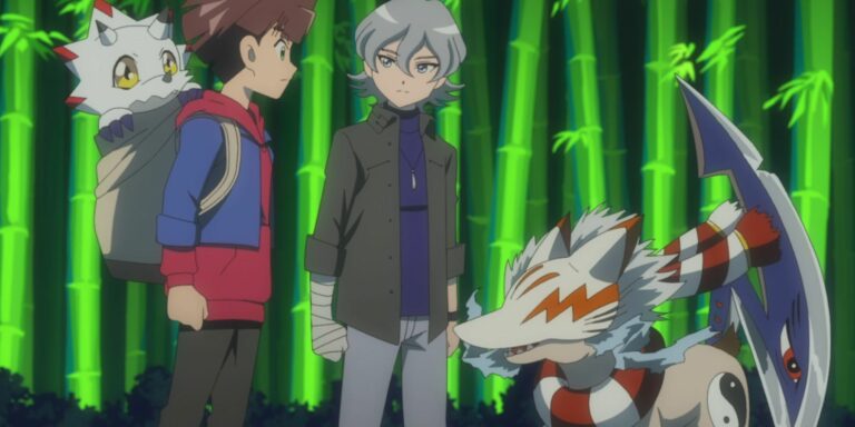 Gammamon, Hiro Amanokawa, Kiyoshiro Higashimitarai and Reppamon in Digimon Ghost Game