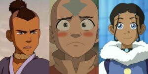 Sokka talking (left); Aang blushing and frowning (center); Katara smiling (right)
