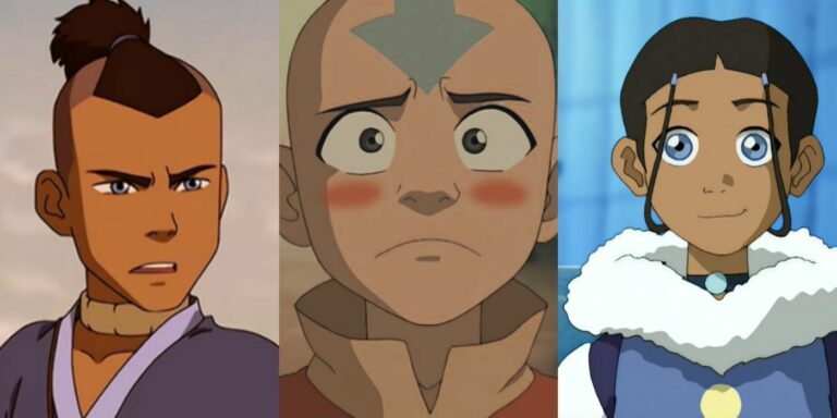 Sokka talking (left); Aang blushing and frowning (center); Katara smiling (right)