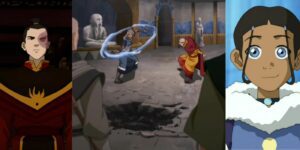 Fire Lord Zuko (left); Tenzin and Kya versus the Red Lotus (center); Katara smiling (right)