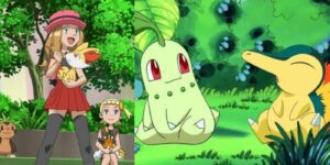 Serena and Fennekin (left); Chikorita and Cyndaquil (right)
