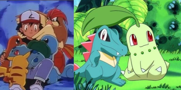 Ash with generation 1 Pokemon (left); Totodile and Chikorita (right)