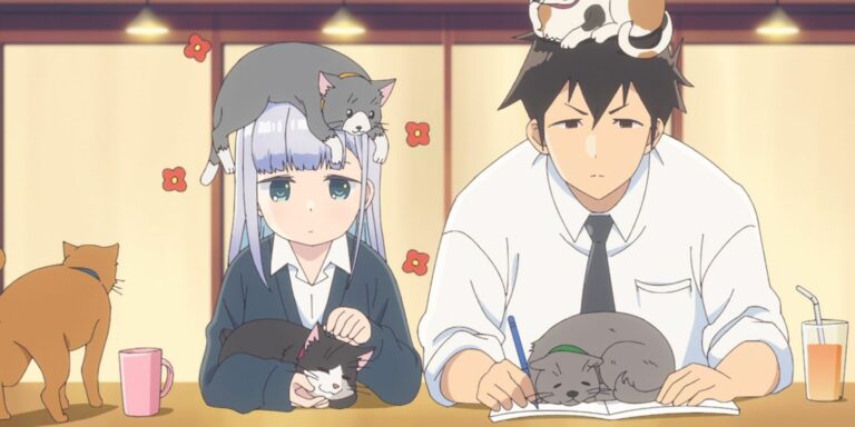 aharen and raido studying at cat cafe