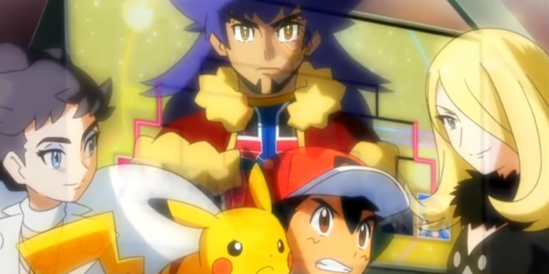 Diantha, Leon, Ash, and Cynthia in the semifinals of the Masters Eight in Pokémon Journeys