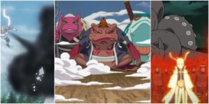 Killer Bee blowing smoke and ash, Naruto summoning ninja toads, and Naruto covered in his Sage Mode chakra