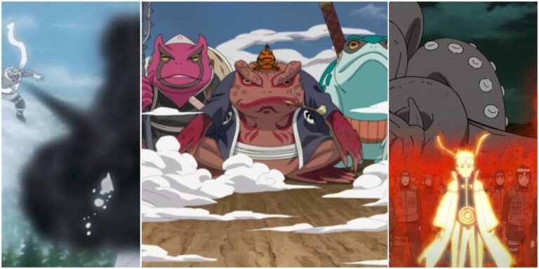 Killer Bee blowing smoke and ash, Naruto summoning ninja toads, and Naruto covered in his Sage Mode chakra