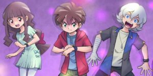 Ruli Tsukiyono, Hiro Amanokawa and Kiyoshiro Higashimitarai lit by the lights of the Monster Disco in Digimon Ghost Game