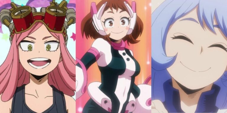 Mei Hatsume (left); Ochaco Uraraka (center); Nejire Hado (right)