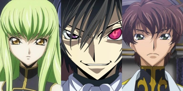 C.C. (left); Lelouch Lamperouge (center); Suzaku Kururugi (right)