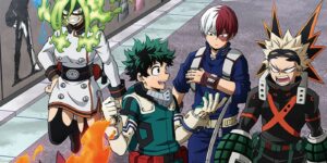 Deku, Todoroki and Bakugo with Endeavor sidekick Moe Kamiji