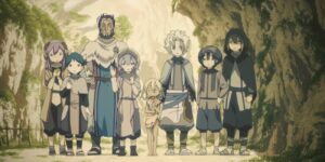 Iryumuui, Wazukyan, Belaf, and other villagers watch someone depart
