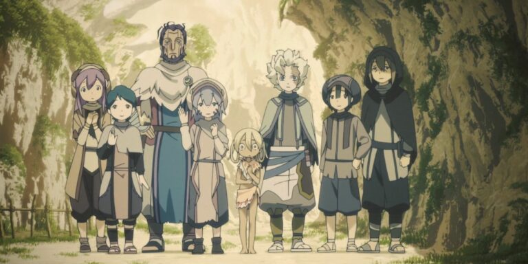 Iryumuui, Wazukyan, Belaf, and other villagers watch someone depart
