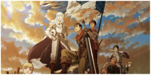 Guts, Griffith, and other cast members from Berserk.