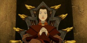 Azula sits on a throne in Omashu in Avatar: The Last Airbender.