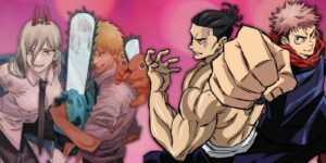 Power and Denji from Chainsaw Man with Itadori and Todo from Jujutsu Kaisen.