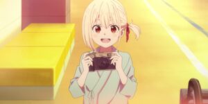 An even younger Chisato smiles with a camera in Lycoris Recoil.