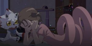 Rin cries over her spiral transformation as Gammamon looks concerned in Digimon Ghost Game