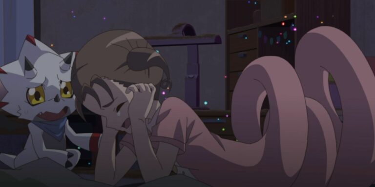 Rin cries over her spiral transformation as Gammamon looks concerned in Digimon Ghost Game