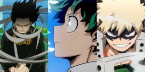 Shouta Aizawa (Eraserhead) using quirk (left); Izuku Midoriya (Deku) looking in distance (center); Katsuki Bakugo sneering (right)