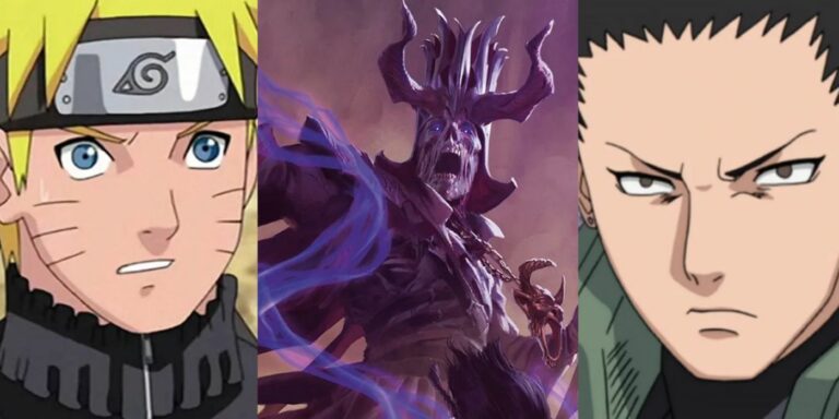 Naruto Uzumaki surprized (left); Lich on DnD core book cover (center); Shikamaru Nara looks determined (right)