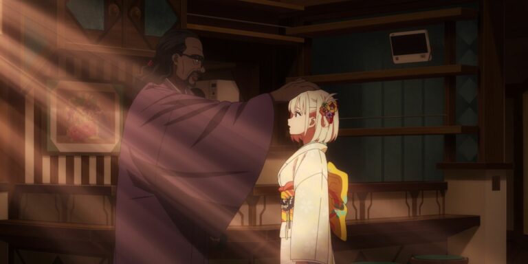 Mika pats Chisato's head as light streams in through the window in Lycoris Recoil.