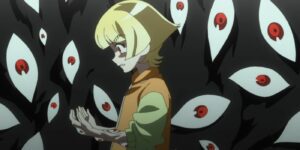Emma Hanes looks at her arms covered in eyes while a shadow with eyes surrounds her in Digimon Ghost Game