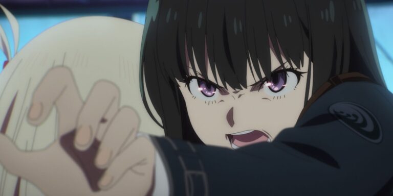 Takina reaches out angrily as Chisato holds her back in Lycoris Recoil.