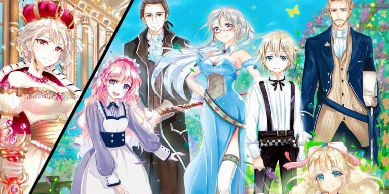 Image of Farma de Médicis and all the main supporting characters of Parallel World Pharmacy, Ellen, Charlotte 'Lotte', Bruno de Médicis, Elizabeth II and Blance de Médicis