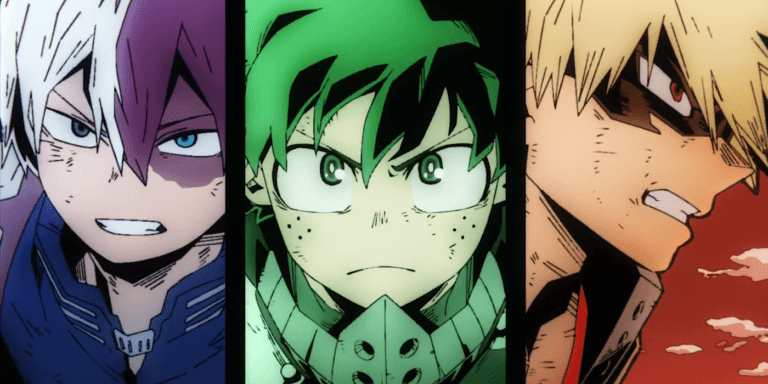 Todoroki, Deku and Bakugo looking determined
