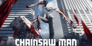 Chainsaw Man fights devils in a bleak environemnt.