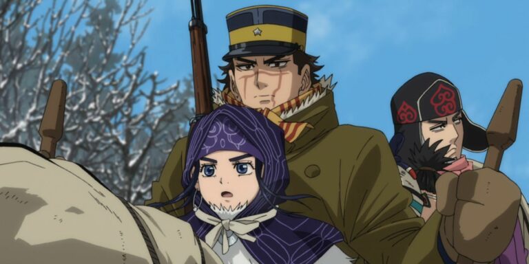 Asirpa, Sugimoto, and Shiraishi on the dog sled