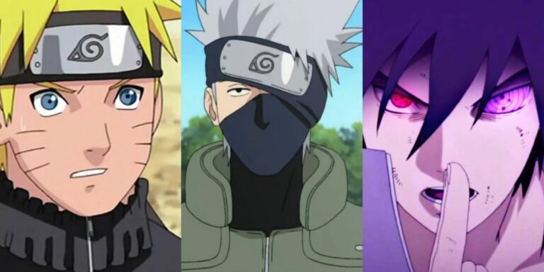 Naruto suprized (left); Kakashi looking bored (center); Sasuke performing a jutsu (right)