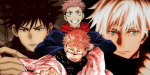 Megumi, Yuji, Sukuna, and Gojo from Jujutsu Kaisen.
