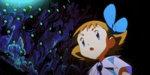 The young Molly Hale surrounded by the mysterious Pokemon called Unown in a scene from Pokemon 3: The Movie: Spell of the Unown.