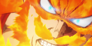 A close up of Endeavor's fiery face in My Hero Academia