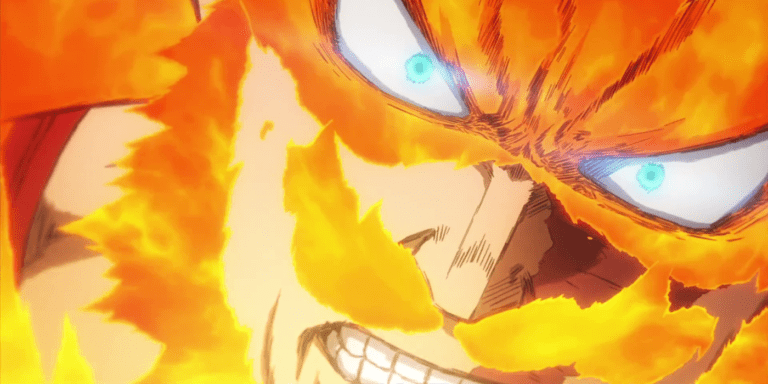 A close up of Endeavor's fiery face in My Hero Academia