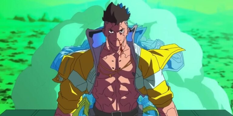 David Martinez from Cyberpunk: Edgerunners with his jacket open.