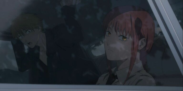 Denji rides with Makima in a limo in Chainsaw Man