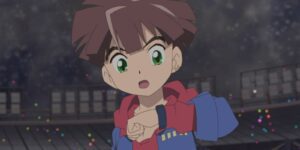 Hiro Amanokawa looks at his digivice in dismay in Digimon Ghost Game