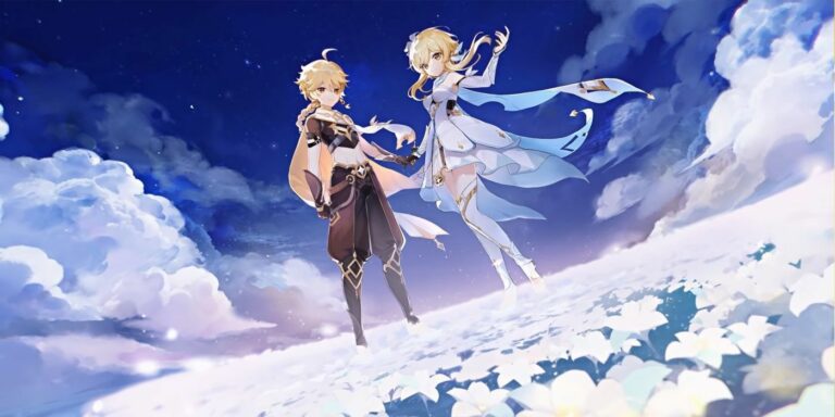 Lumine and Aether from Genshin Impact in the sky
